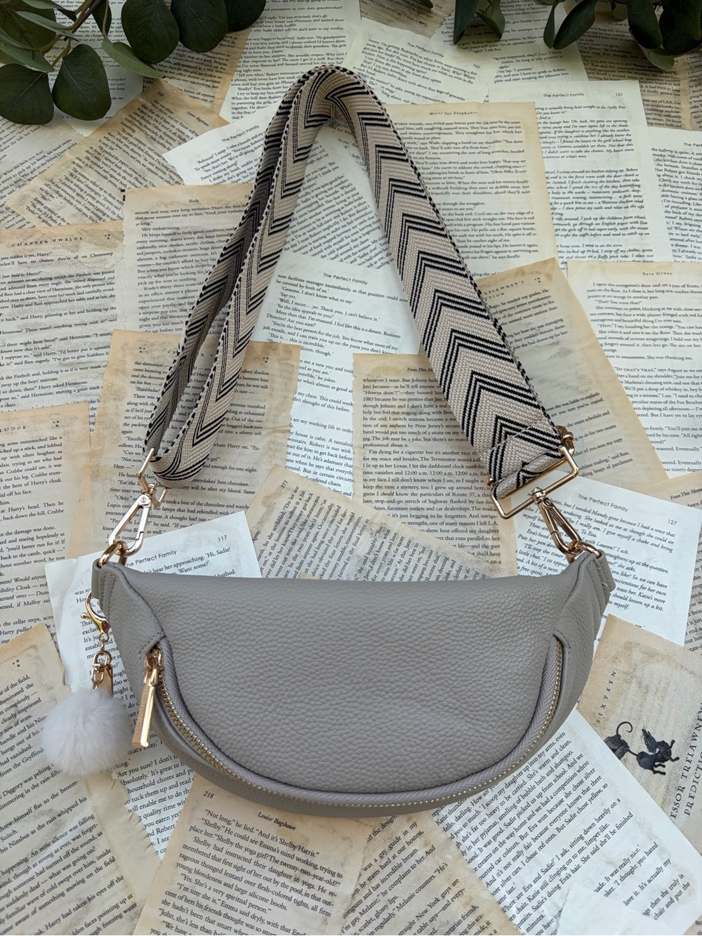Pom Pom London Stone Leather Bum Bag Crossbody with Chevron Strap